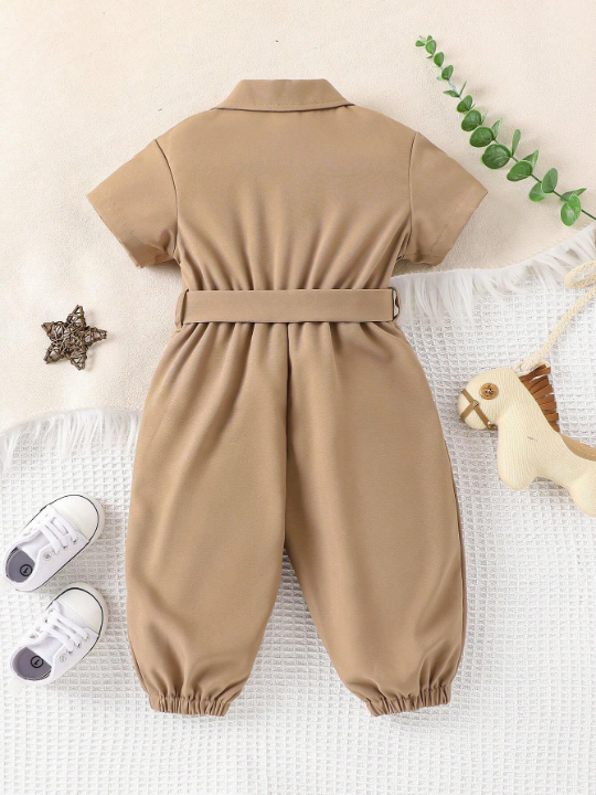 Baby Girl Slant Pocket Belted Shirt Jumpsuit