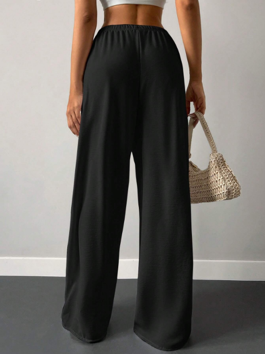 Cottnline Solid Elastic Waist Wide Leg Pants