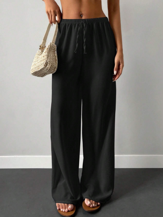 Cottnline Solid Elastic Waist Wide Leg Pants