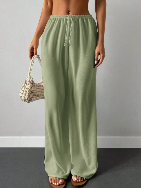 Frenchy Solid Elastic Waist Wide Leg Pants