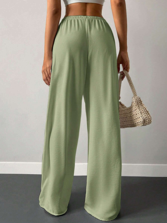 Frenchy Solid Elastic Waist Wide Leg Pants