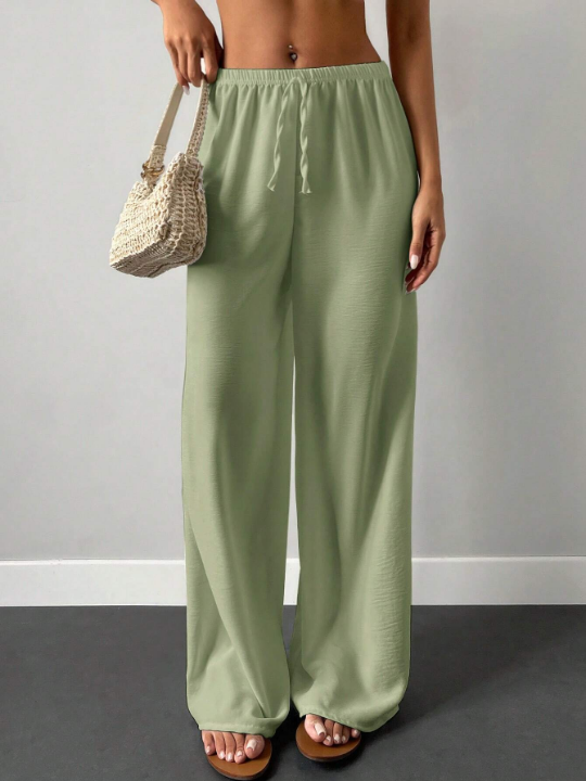 Frenchy Solid Elastic Waist Wide Leg Pants