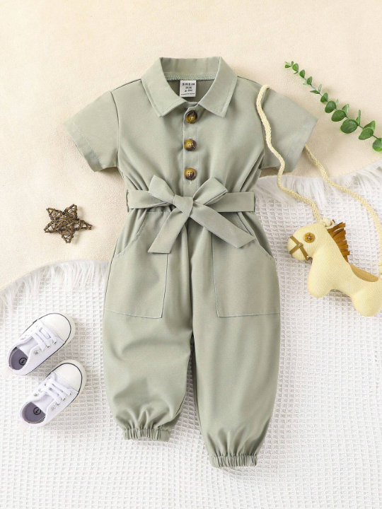 Baby Girl Slant Pocket Belted Shirt Jumpsuit