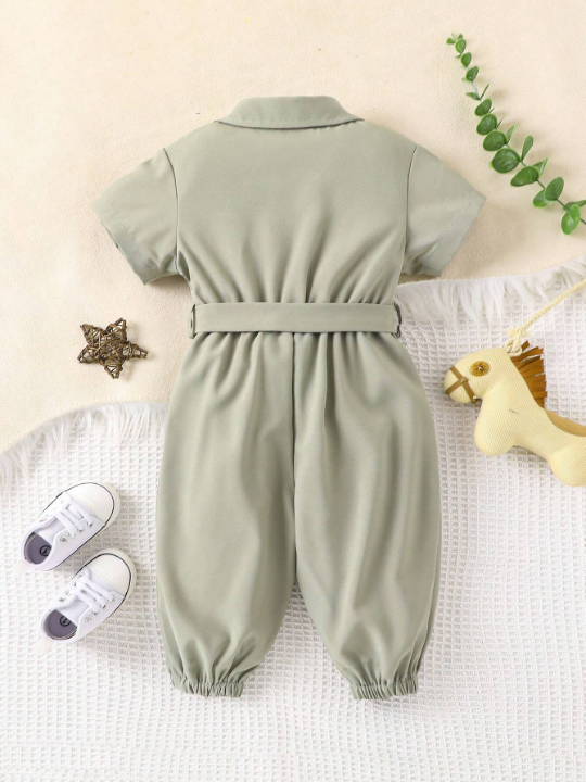 Baby Girl Slant Pocket Belted Shirt Jumpsuit