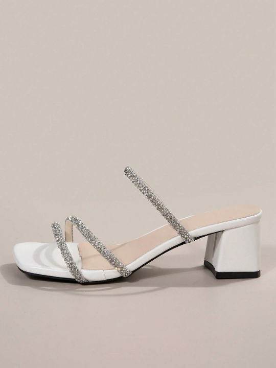 Glamorous Mule Sandals For Women, Rhinestone Decor Chunky Heeled Sandals