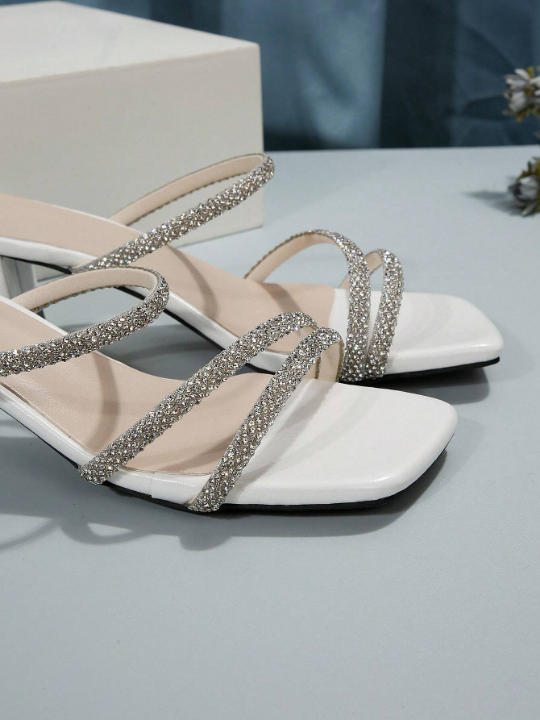 Glamorous Mule Sandals For Women, Rhinestone Decor Chunky Heeled Sandals