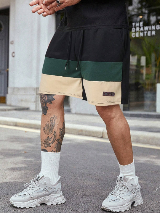 Manfinity Homme Men's Loose Fit Color Block Shorts With Drawstring Waist And Patchwork Detail