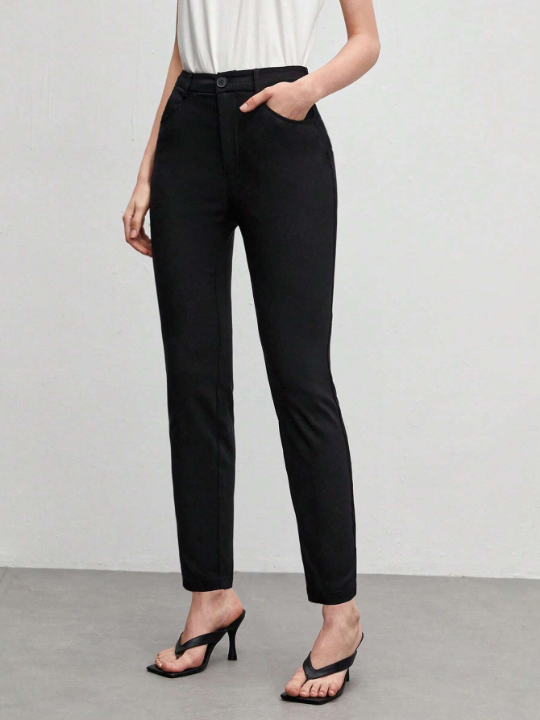 BIZwear Solid Color Black Stretchy Slim-Fit Women's Trousers With Diagonal Pockets, Suitable For Work