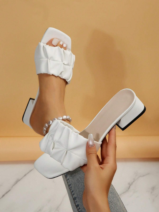 Elegant White Sandals For Women, Ruched Detail Chunky Heeled Mule Sandals