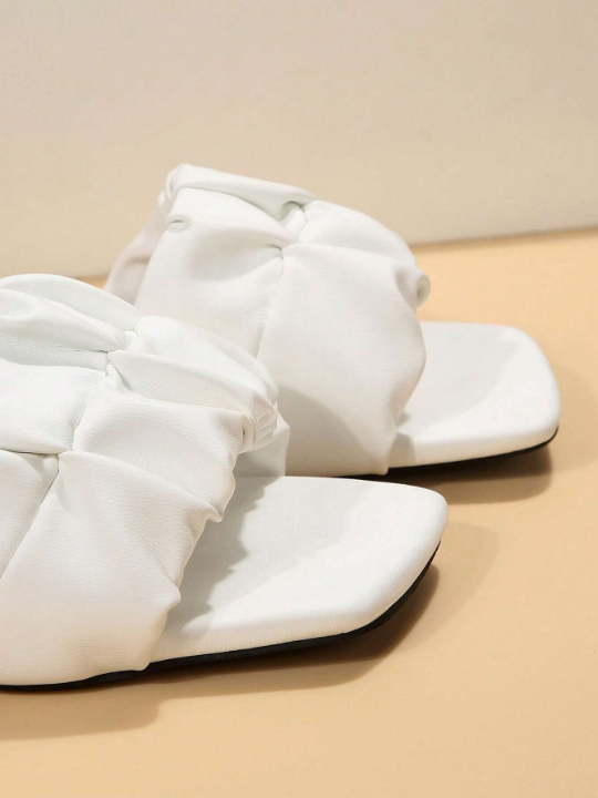 Elegant White Sandals For Women, Ruched Detail Chunky Heeled Mule Sandals