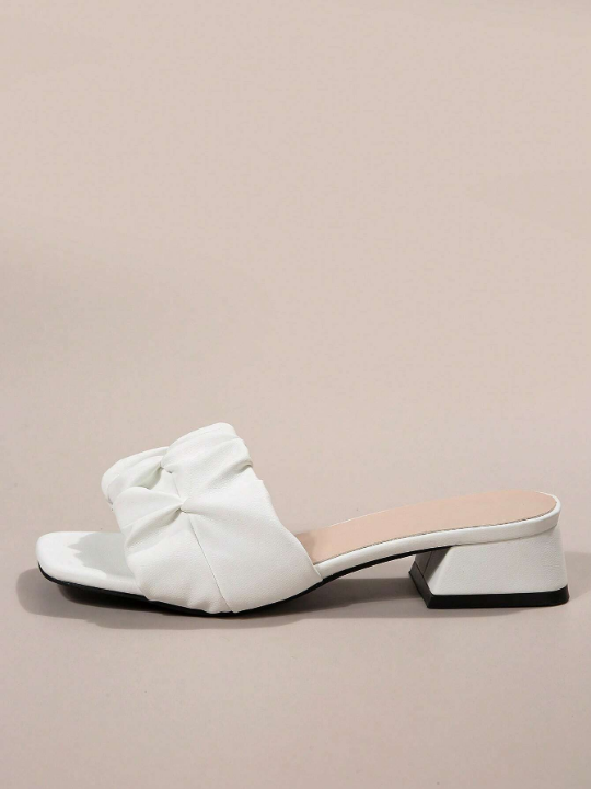 Elegant White Sandals For Women, Ruched Detail Chunky Heeled Mule Sandals