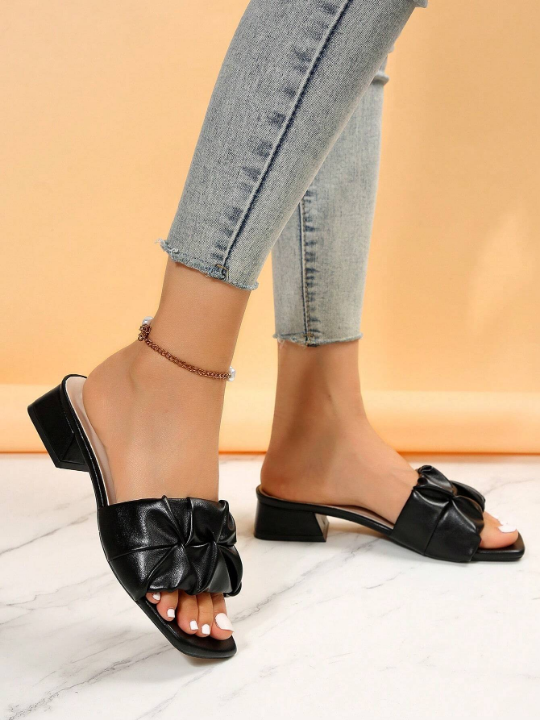 Elegant Black Sandals For Women, Minimalist Ruched Detail Chunky Heeled Mule Sandals