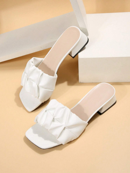 Elegant White Sandals For Women, Ruched Detail Chunky Heeled Mule Sandals