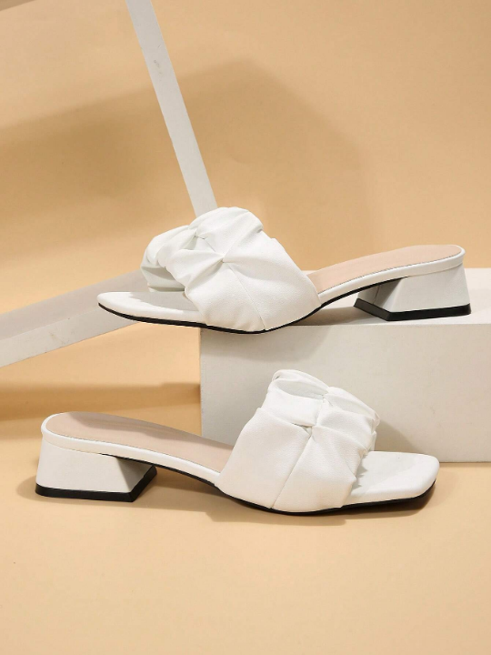 Elegant White Sandals For Women, Ruched Detail Chunky Heeled Mule Sandals