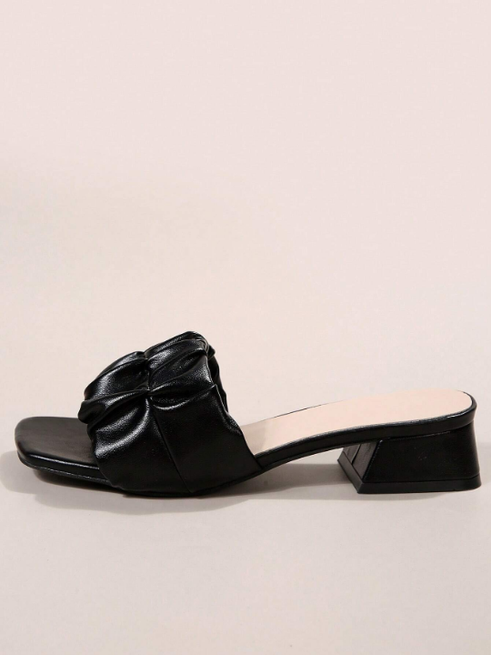 Elegant Black Sandals For Women, Minimalist Ruched Detail Chunky Heeled Mule Sandals