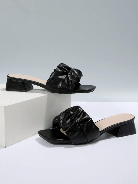 Elegant Black Sandals For Women, Minimalist Ruched Detail Chunky Heeled Mule Sandals