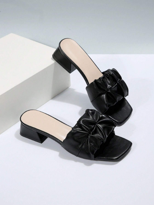 Elegant Black Sandals For Women, Minimalist Ruched Detail Chunky Heeled Mule Sandals