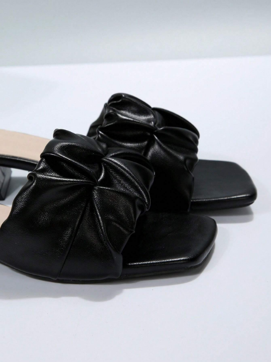 Elegant Black Sandals For Women, Minimalist Ruched Detail Chunky Heeled Mule Sandals