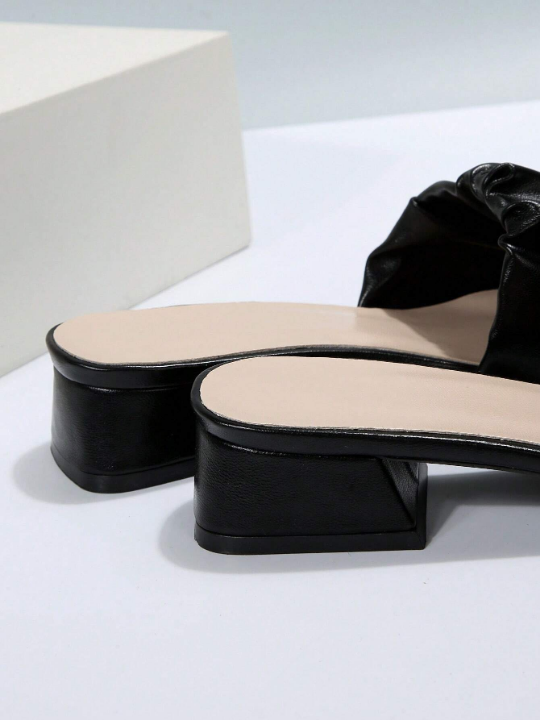 Elegant Black Sandals For Women, Minimalist Ruched Detail Chunky Heeled Mule Sandals