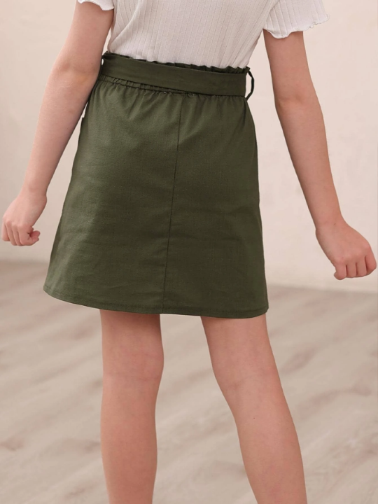 Girls Button Front Belted Paperbag Waist Skirt