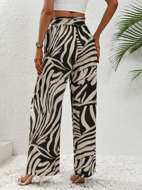 LUNE Allover Print Paperbag Waist Belted Wide Leg Pants