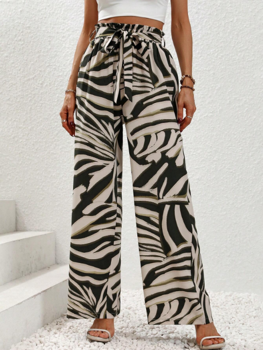 LUNE Allover Print Paperbag Waist Belted Wide Leg Pants