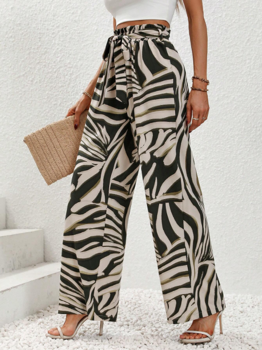 LUNE Allover Print Paperbag Waist Belted Wide Leg Pants