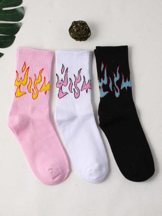 3pairs Women Fire Pattern Fashionable Crew Socks, For Daily Life