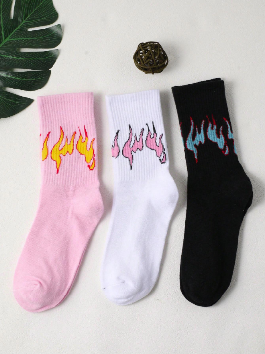 3pairs Women Fire Pattern Fashionable Crew Socks, For Daily Life