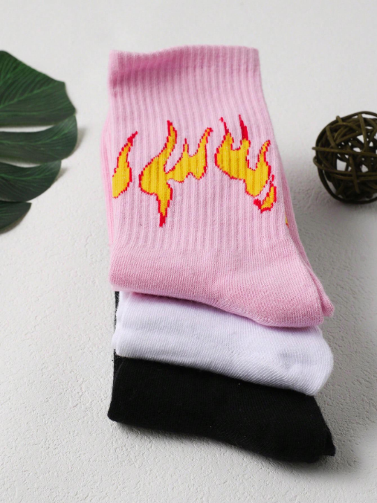 3pairs Women Fire Pattern Fashionable Crew Socks, For Daily Life