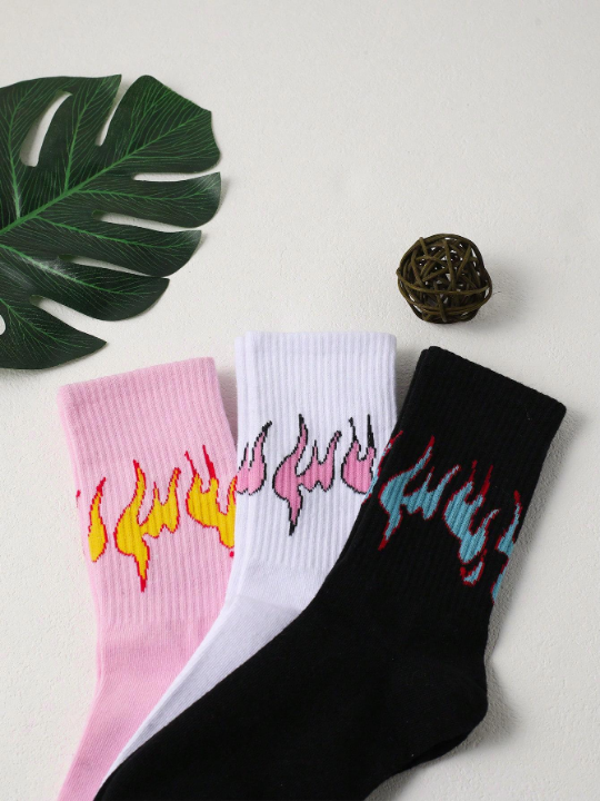 3pairs Women Fire Pattern Fashionable Crew Socks, For Daily Life