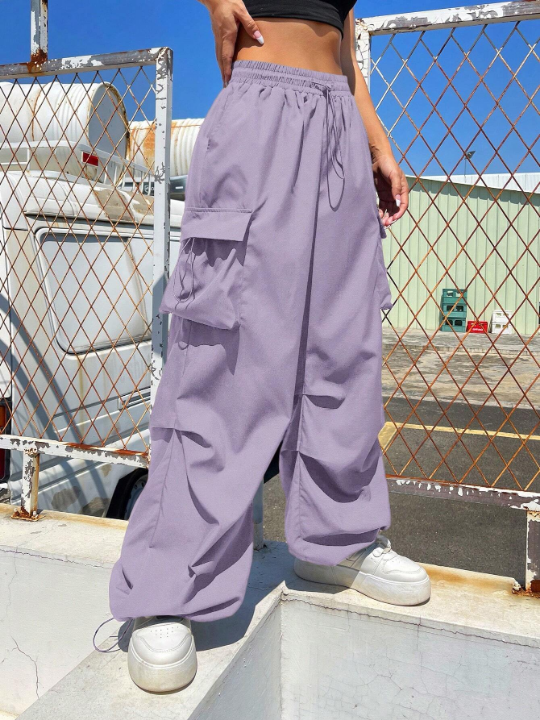 Coolane Flap Pocket Side Drawstring Waist Parachute Pants