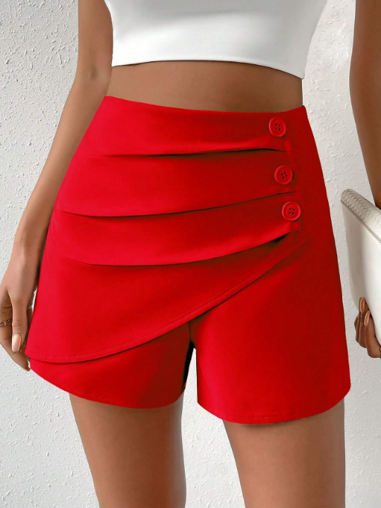 Priv High Waist Button Detail Fold Pleated Detail Wrap Front Skort