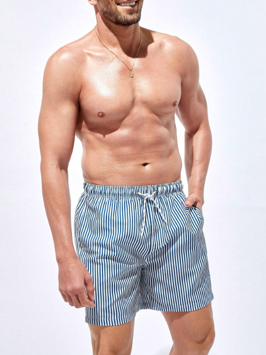 Manfinity Swimmode Men Striped Print Drawstring Waist Swim Trunks