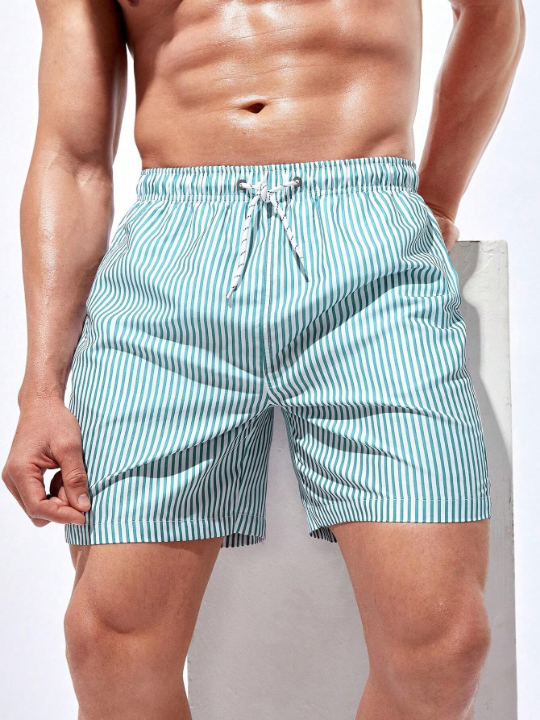 Manfinity Swimmode Men Striped Print Drawstring Waist Swim Trunks