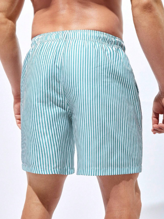 Manfinity Swimmode Men Striped Print Drawstring Waist Swim Trunks