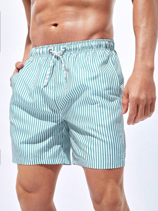 Manfinity Swimmode Men Striped Print Drawstring Waist Swim Trunks