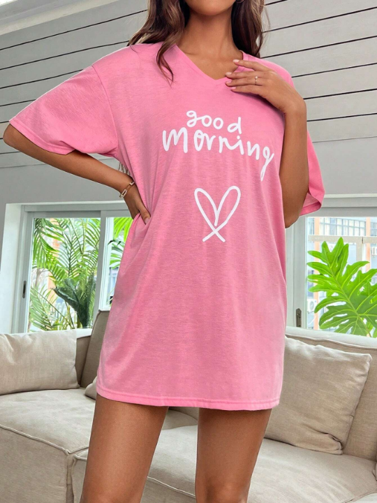 Heart & Slogan Graphic Drop Shoulder Nightdress