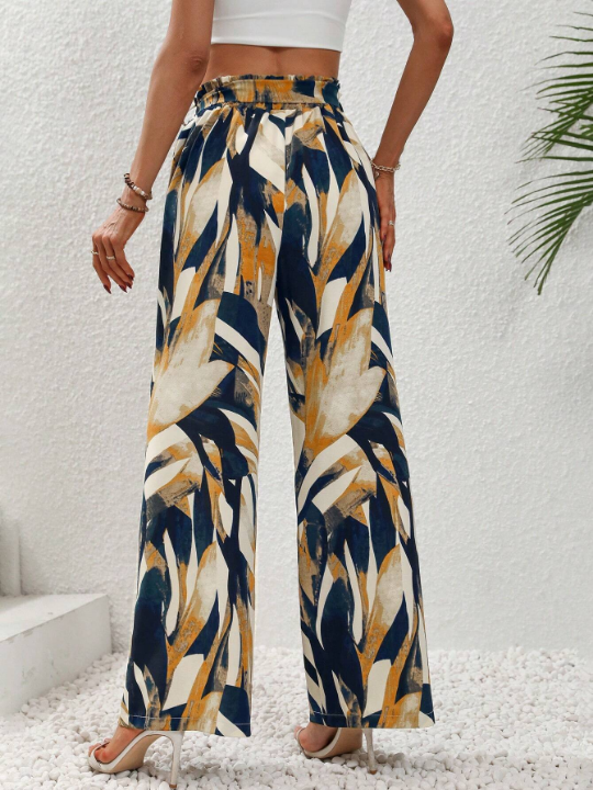 LUNE Allover Print Paperbag Waist Belted Wide Leg Pants