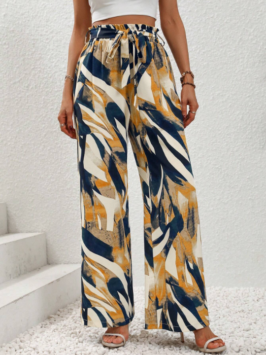 LUNE Allover Print Paperbag Waist Belted Wide Leg Pants