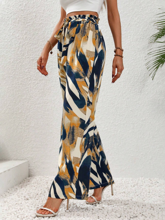 LUNE Allover Print Paperbag Waist Belted Wide Leg Pants