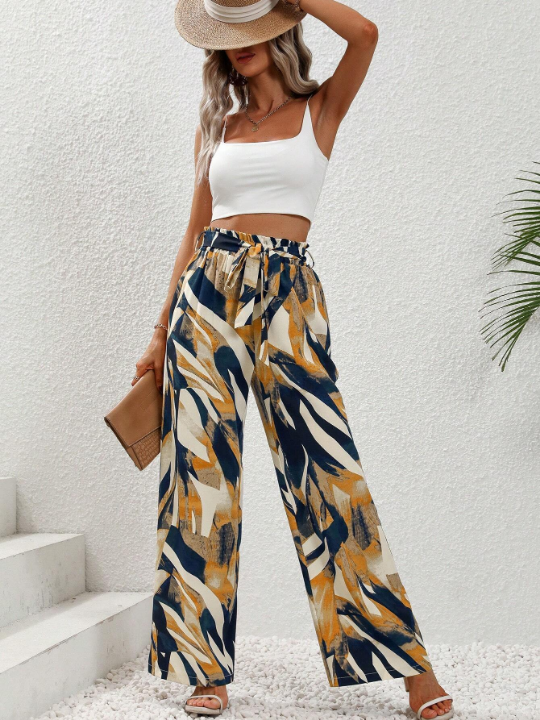 LUNE Allover Print Paperbag Waist Belted Wide Leg Pants