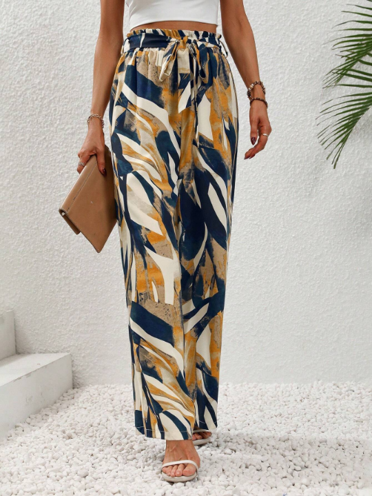 LUNE Allover Print Paperbag Waist Belted Wide Leg Pants