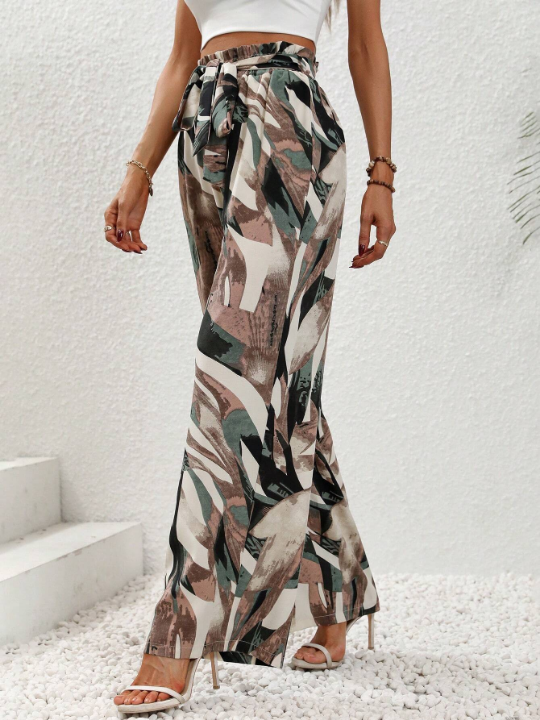 LUNE Allover Print Belted Wide Leg Pants