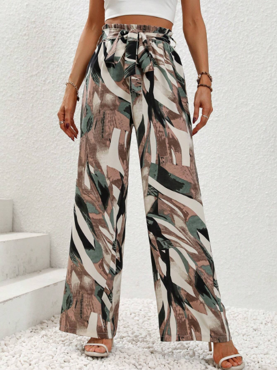 LUNE Allover Print Belted Wide Leg Pants