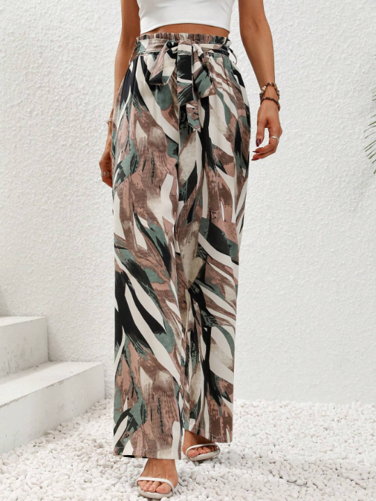 LUNE Allover Print Belted Wide Leg Pants