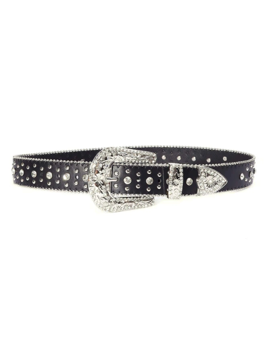 1pc Black Unisex Rhinestone Decor Buckle Punk Boho Belt For Daily Decoration