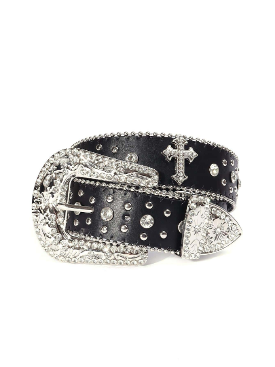 1pc Black Unisex Rhinestone Decor Buckle Punk Boho Belt For Daily Decoration