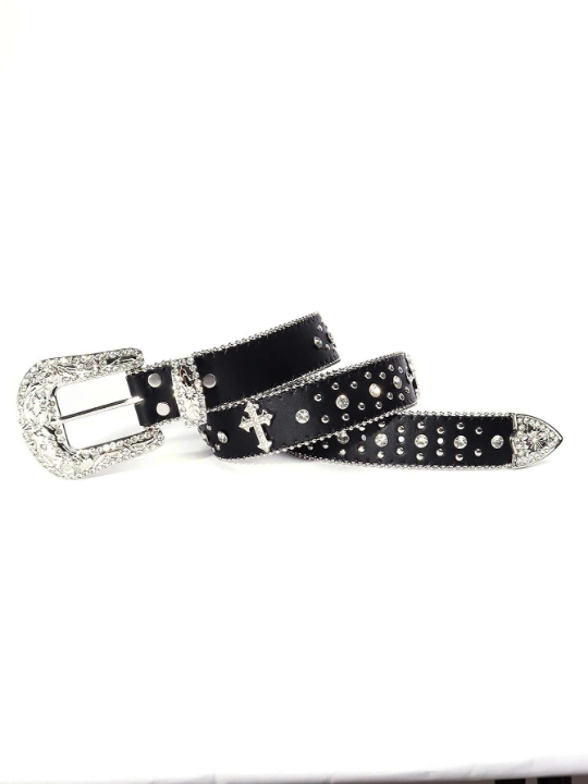 1pc Black Unisex Rhinestone Decor Buckle Punk Boho Belt For Daily Decoration