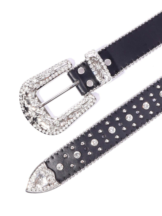 1pc Black Unisex Rhinestone Decor Buckle Punk Boho Belt For Daily Decoration